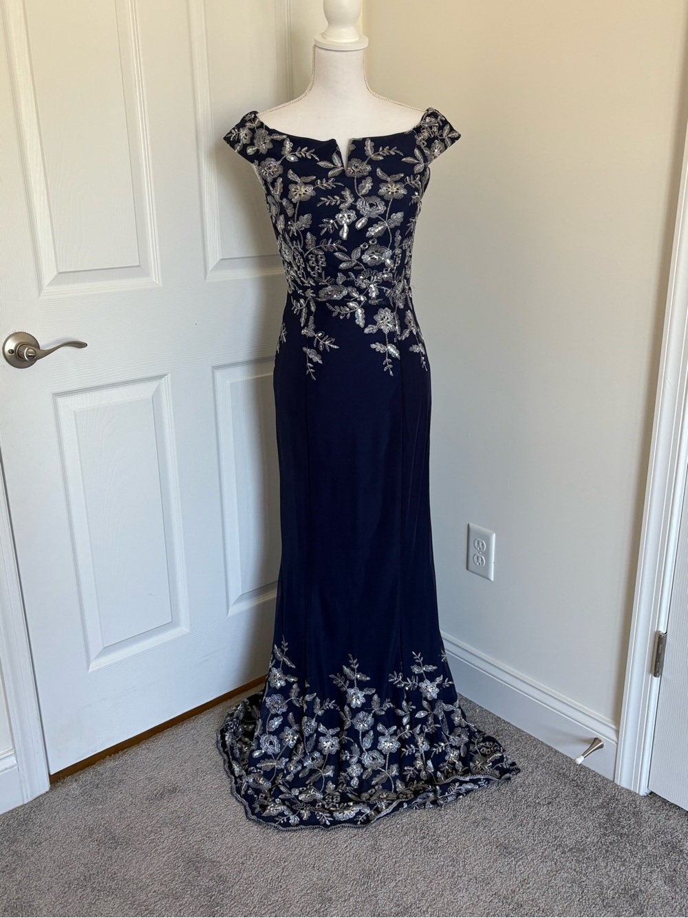 Navy Off-Shoulder Maxi Dress with Silver Floral Embroidery